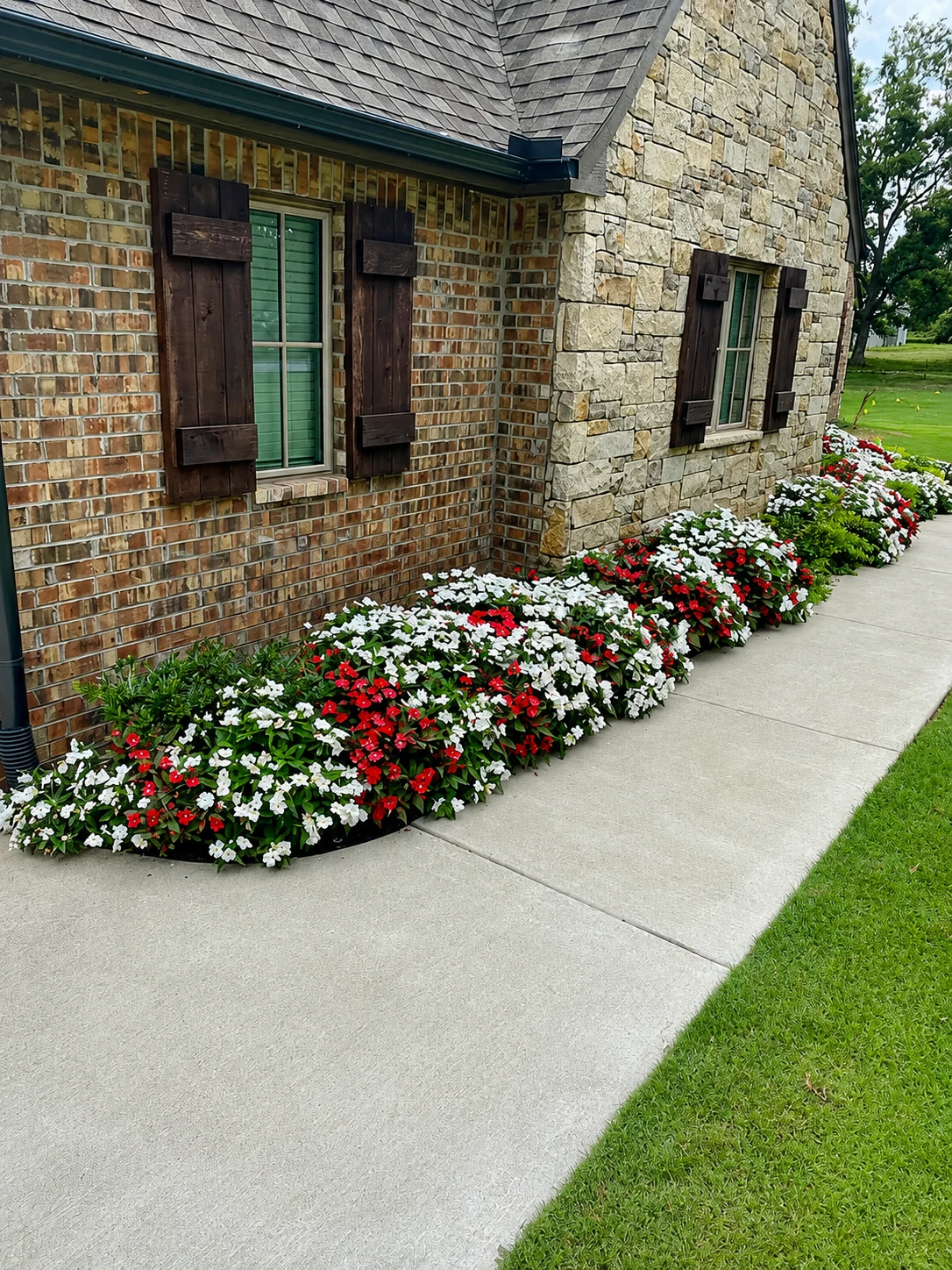 Freshly planted red and white flowers along a residential home