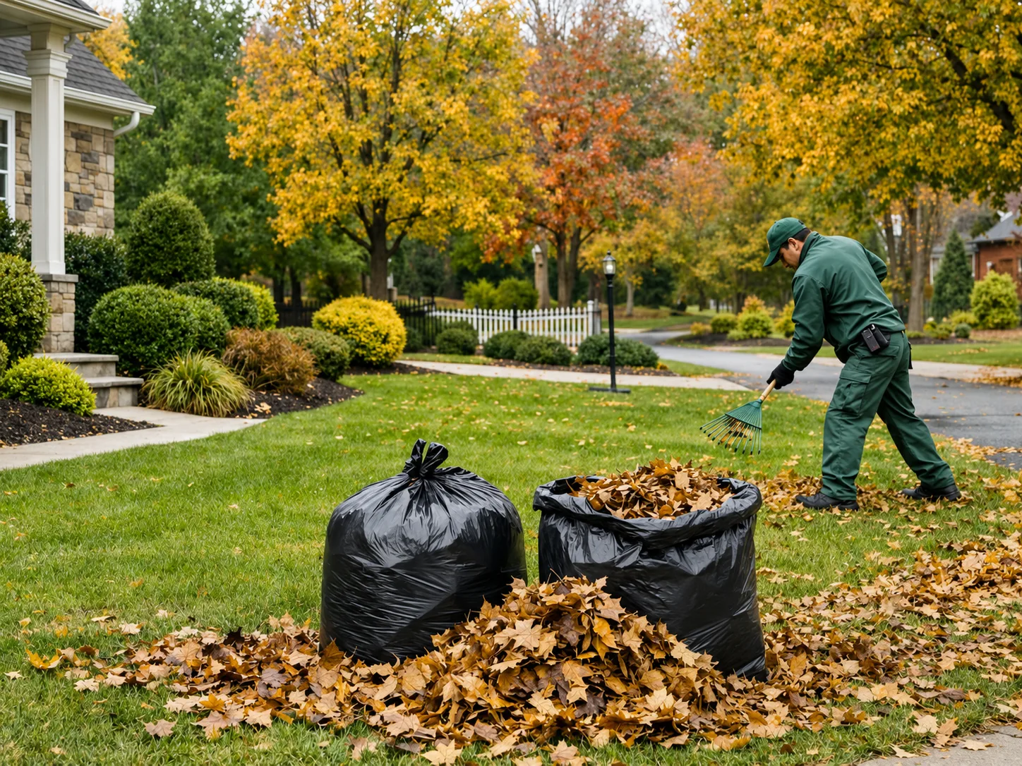 Crew raking and bagging fallen leaves on a residential lawn